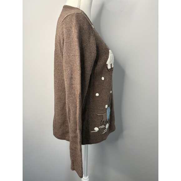Crazy Horse Liz Claiborne Petite L Brown Full-Zip Sweater Snow Embroidered Dogs - Picture 4 of 11